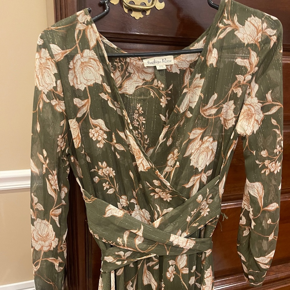 Indigo Rose Green Peach Floral Fall Dress Size Petite Small View 2